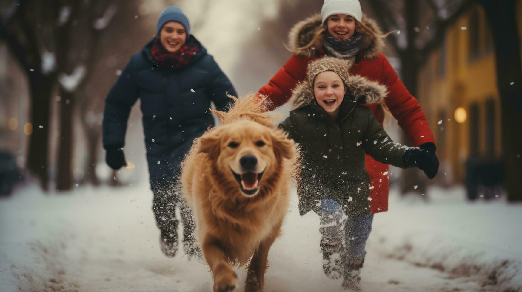 Family in the snow with golden retriever running in front of them